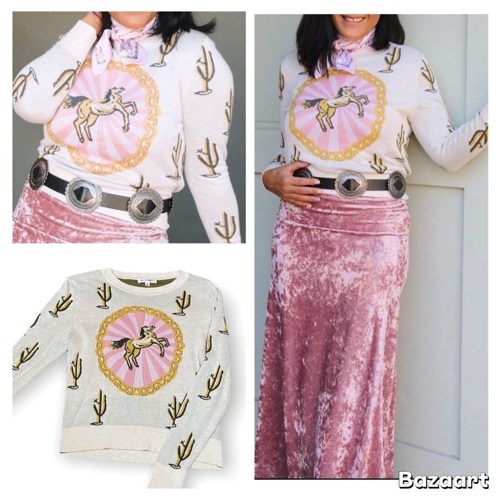 Wild Honey Southwestern Cowgirl Horse & Cactus Sweater Long Sleeve Blouse Top M